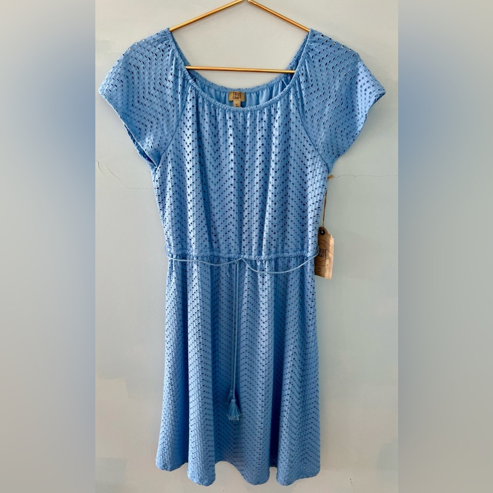 Girls XL True Craft eyelet blue lined dress with  blue rope tie. New With Tags